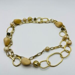 Long Gold Tone Chain Necklace w/ Natural Beads Modern 30” Boho